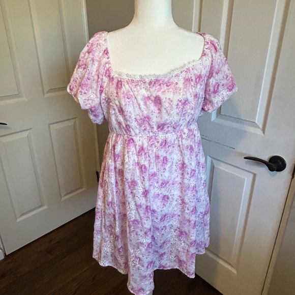 Altar'd State Pink and White tie dye Dress floral short puff sleeve large mini - Picture 3 of 4